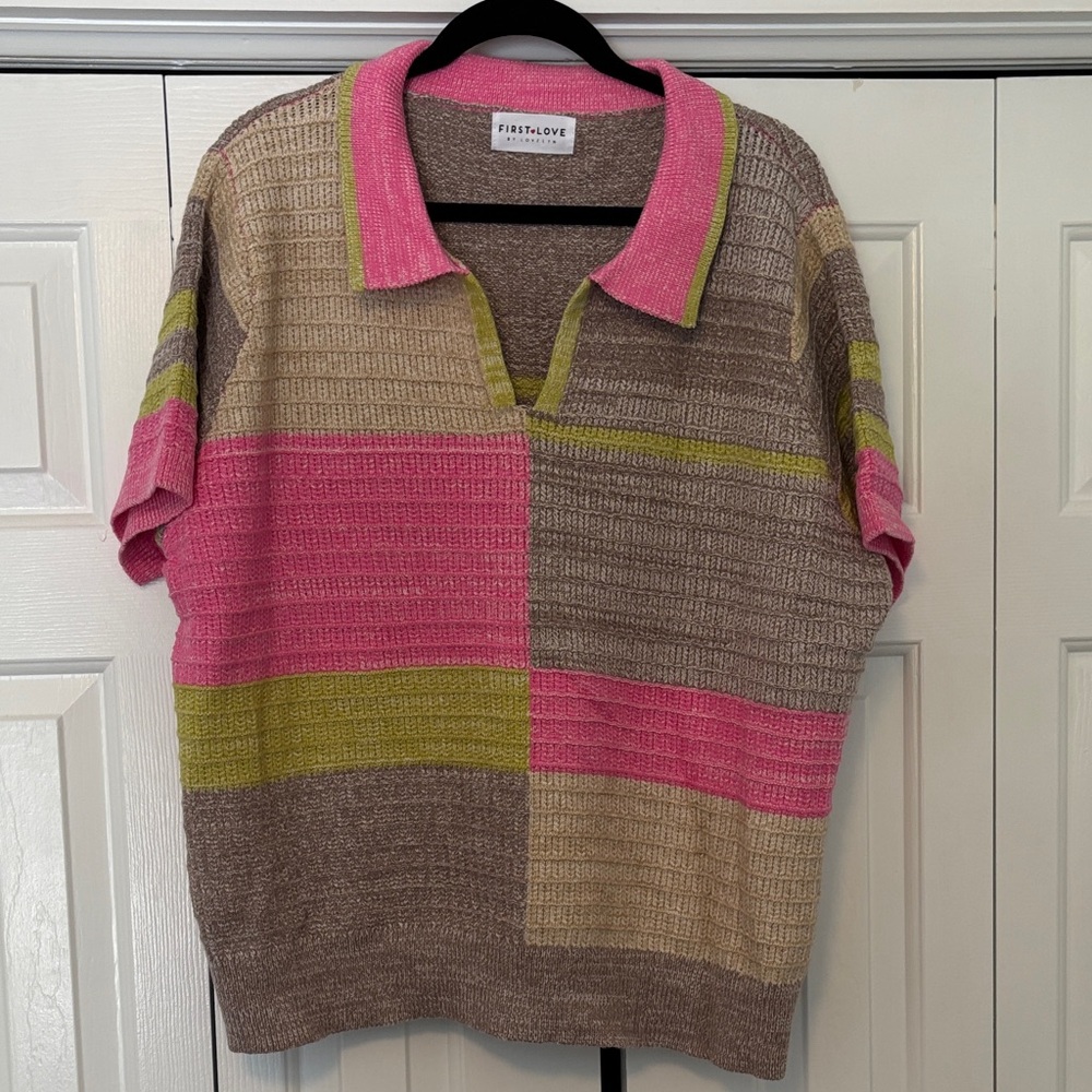 First Love V-Neck Colorblock Sweater - Pink, Green, Brown